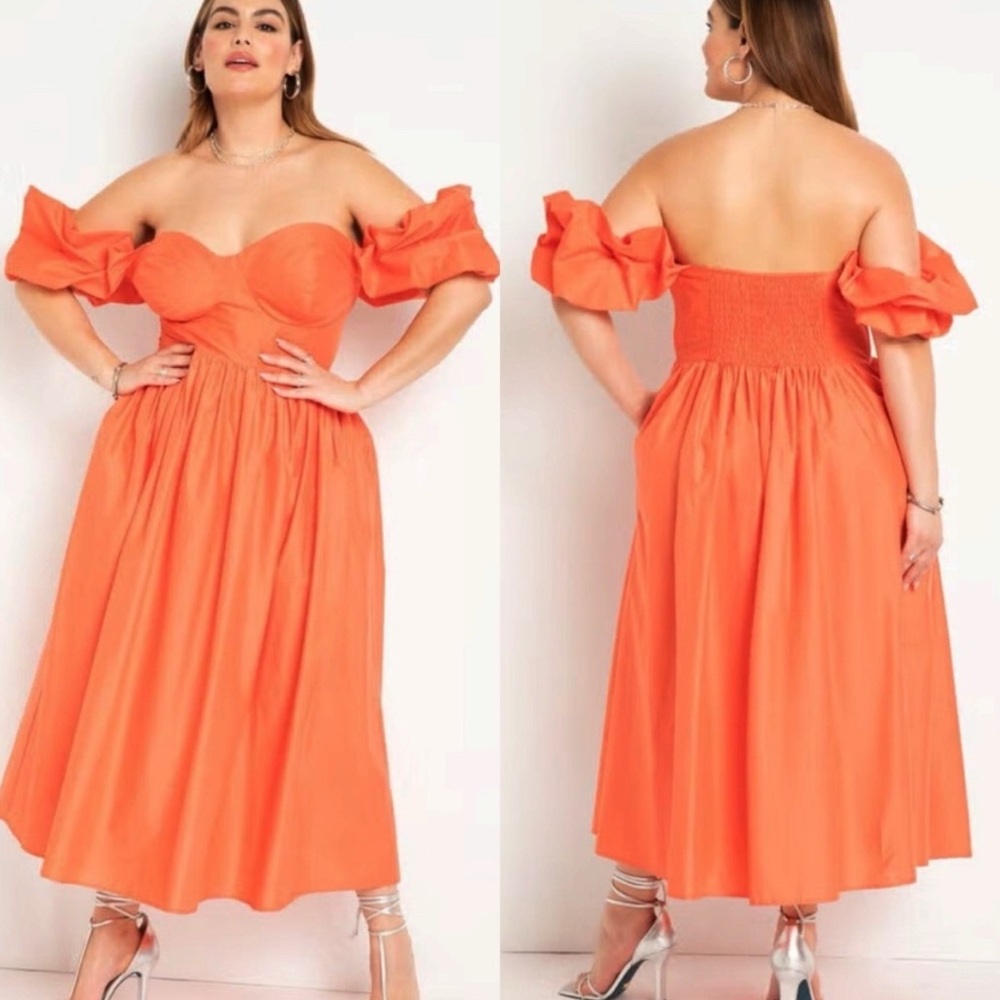 Eloquii Orange Off-Shoulder Backless Midi Dress